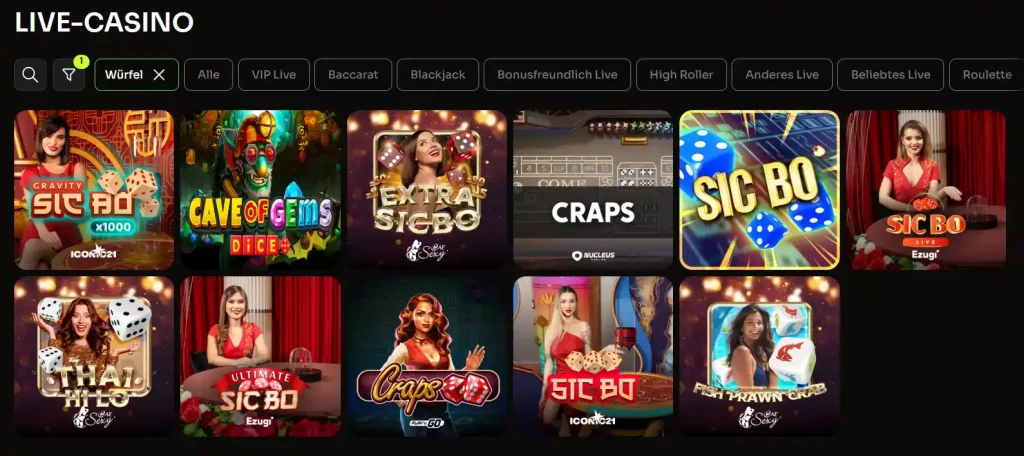Holyluck Casino Live Casino Bereich mit Sic Bo und Craps Spielen