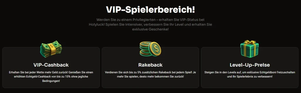 Holyluck Casino VIP Bereich mit Cashback, Rakeback und Level Belohnungen
